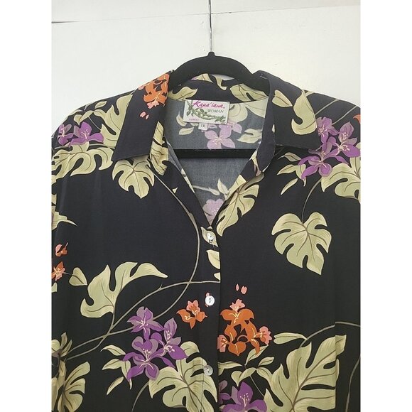 Kauaiana Womens Hawaiian Button Front Shirt Black Green Purple 1X - Picture 2 of 4